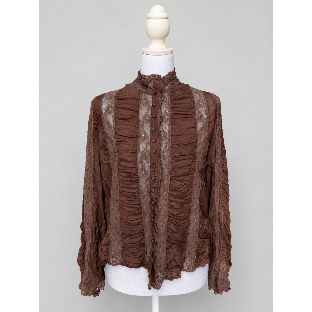 LoveShackFancy Brown Lace Ruched Victorian Blouse Mock Neck Button Front Size 4